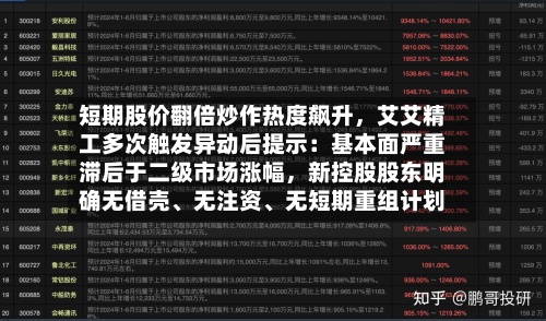 短期股价翻倍炒作热度飙升	，艾艾精工多次触发异动后提示：基本面严重滞后于二级市场涨幅，新控股股东明确无借壳、无注资	、无短期重组计划-第1张图片
