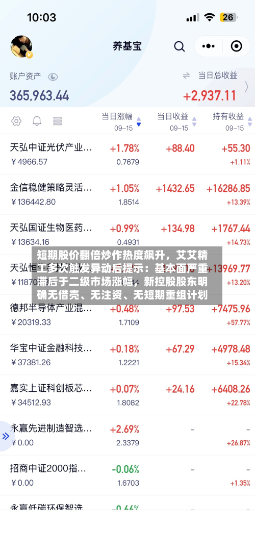 短期股价翻倍炒作热度飙升，艾艾精工多次触发异动后提示：基本面严重滞后于二级市场涨幅，新控股股东明确无借壳、无注资、无短期重组计划-第2张图片