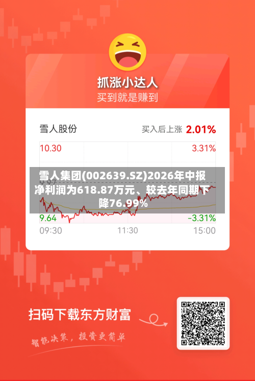 雪人集团(002639.SZ)2026年中报净利润为618.87万元、较去年同期下降76.99%-第1张图片