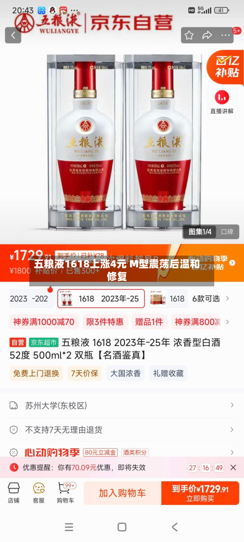 五粮液1618上涨4元 M型震荡后温和修复