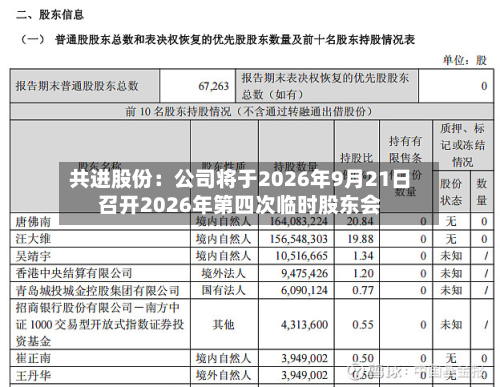 共进股份：公司将于2026年9月21日召开2026年第四次临时股东会