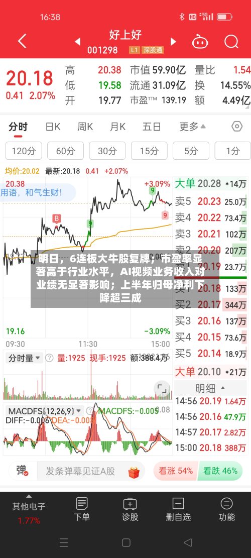 明日	，6连板大牛股复牌；市盈率显著高于行业水平，AI视频业务收入对业绩无显著影响；上半年归母净利下降超三成-第3张图片