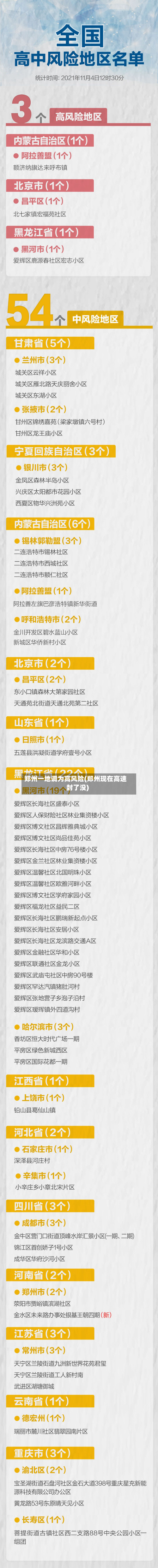 郑州一地调为高风险(郑州现在高速封了没)