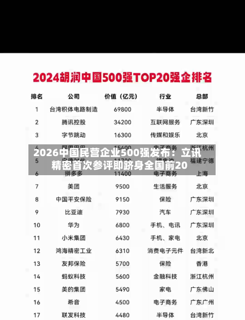 2026中国民营企业500强发布：立讯精密首次参评即跻身全国前20-第2张图片
