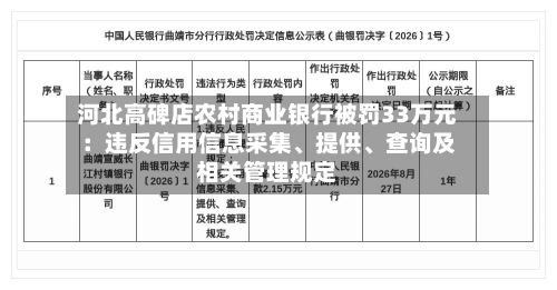河北高碑店农村商业银行被罚33万元：违反信用信息采集、提供、查询及相关管理规定