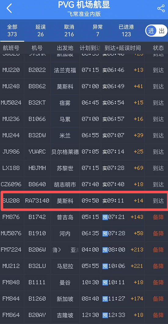 今天最猛的航班!俄罗斯航空的SU208提前38分钟落地上海浦东机场